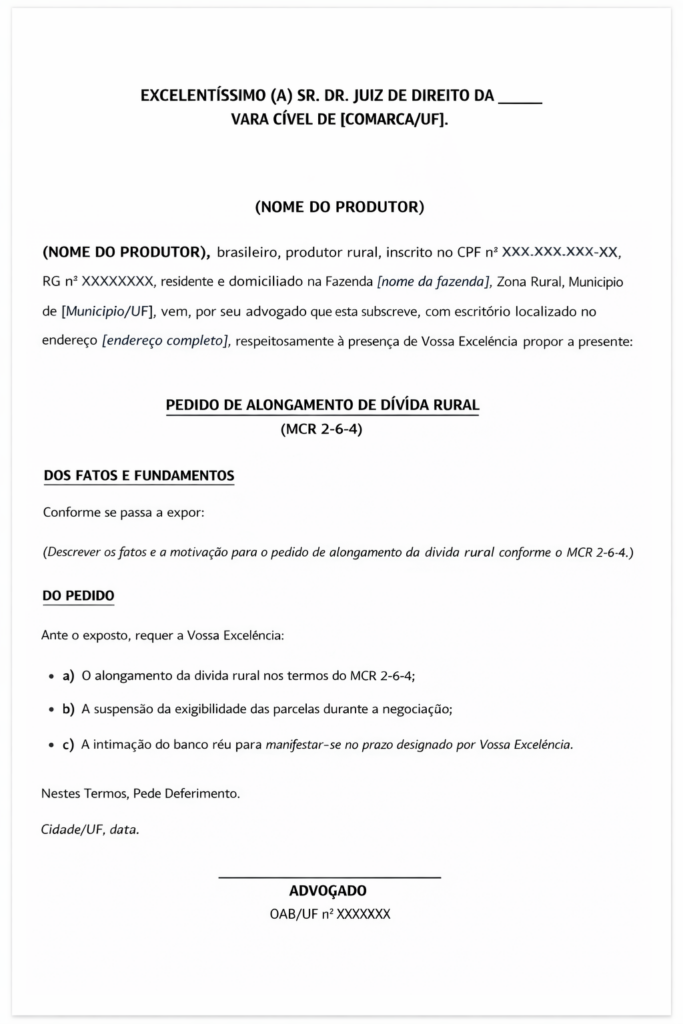 Modelo de pedido de alongamento de dívida rural fundamentado no MCR 2-6-4